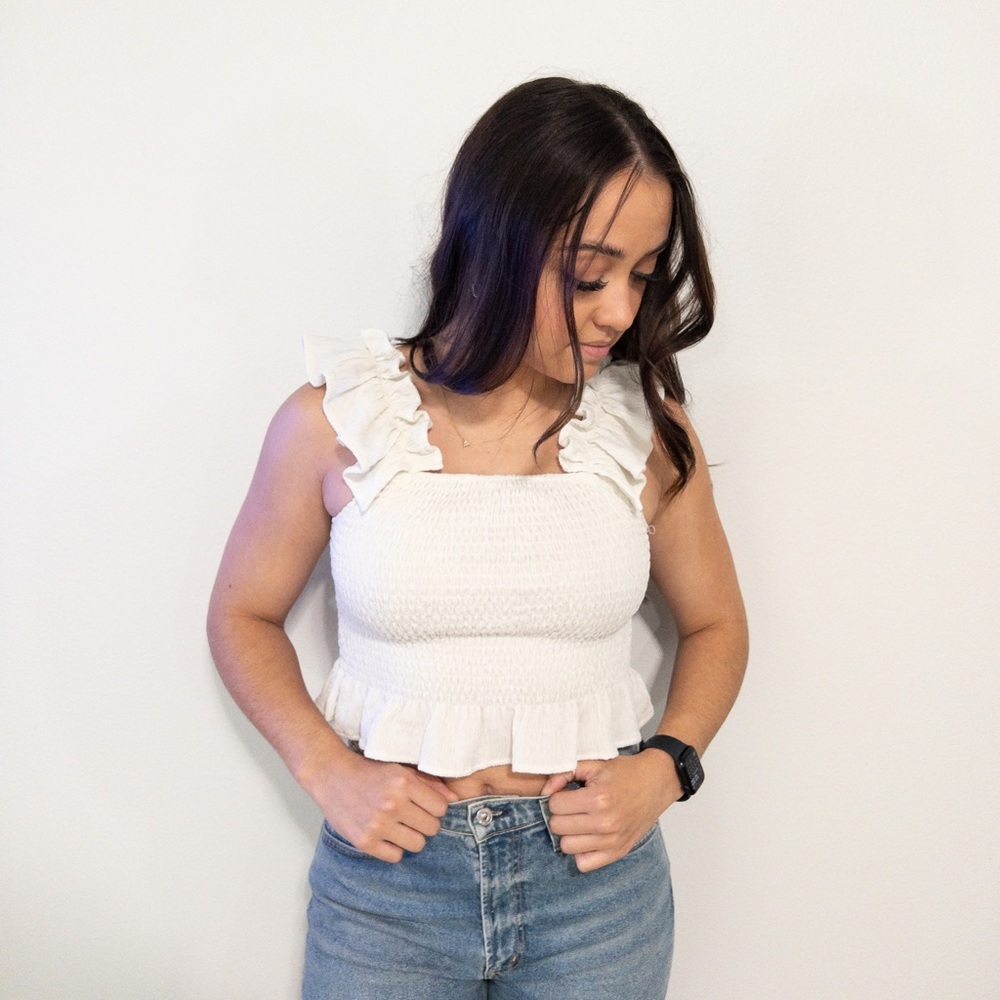 MIOU MUSE Cream Smocked Ruffle Crop Top 🤍